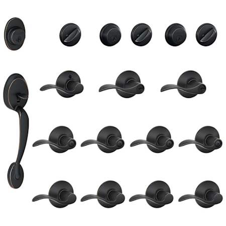 Schlage Plymouth Complete House Door Hardware Package with Accent Interior Levers and Right Handed Exterior Front Door Handleset Aged Bronze