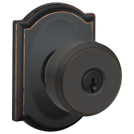 Schlage Bowery Keyed Entry Single Cylinder Door Knob Set with Decorative Camelot Trim Aged Bronze