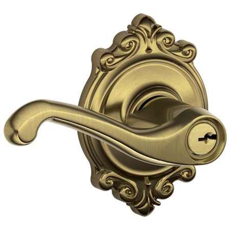 Schlage Flair Single Cylinder Keyed Entry Door Lever Set with Decorative Brookshire Trim Antique Brass