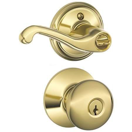 Schlage Plymouth Right handed Single Cylinder Keyed Entry Door Knob Exterior with Flair Lever Interior Bright Brass