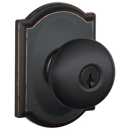 Schlage Plymouth Keyed Entry Door Knob Set with Decorative Camelot Trim Aged Bronze