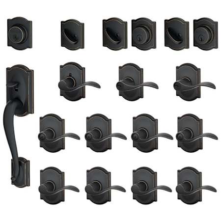 Schlage Camelot Complete House Door Hardware Package with Accent Interior Levers and Left Handed Exterior Front Door Handleset Aged Bronze