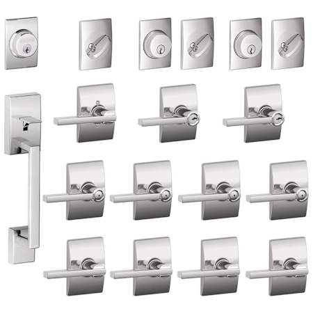 Schlage Century Complete House Door Hardware Package with Latitude Interior Levers and Single Cylinder Exterior Front Door Handleset Bright Chrome
