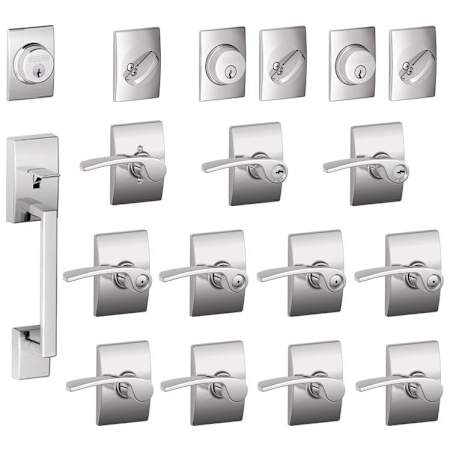 Schlage Century Complete House Door Hardware Package with Merano Interior Levers and Right Handed Exterior Front Door Handleset Bright Chrome