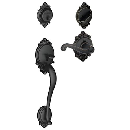 Schlage Brookshire Left Handed Sectional Single Cylinder Keyed Entry Handleset with Flair Lever with Decorative Brookshire Trim Aged Bronze