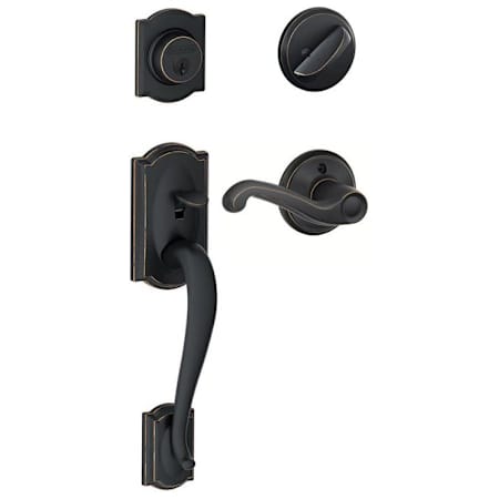 Schlage Camelot Right Handed Sectional Single Cylinder Keyed Entry Handleset with Flair Lever Aged Bronze