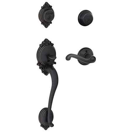 Schlage Brookshire Double Cylinder Handleset with Right Handed Interior Flair Lever from the F-Series Aged Bronze