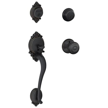 Schlage Brookshire Double Cylinder Handleset with Interior Georgian Knob from the F-Series Aged Bronze