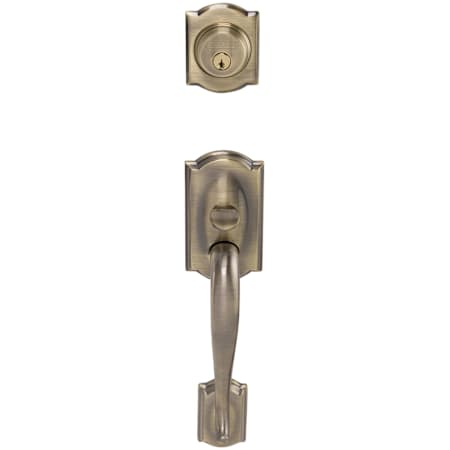 Schlage Double Cylinder Camelot Handleset with Bell Interior Knob from the F-Series Antique Brass