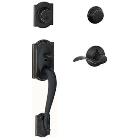 Schlage Camelot Right Hand Double Cylinder Handleset with Accent Interior Lever from the F-Series Aged Bronze