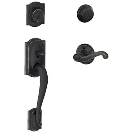Schlage Camelot Left Hand Double Cylinder Handleset with Flair Interior Lever from the F-Series Aged Bronze