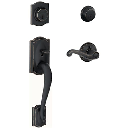 Schlage Camelot Right Hand Double Cylinder Handleset with Flair Interior Lever from the F-Series Aged Bronze