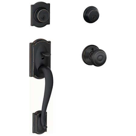 Schlage Camelot Double Cylinder Handleset with Georgian Interior Knob from the F-Series Aged Bronze