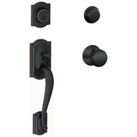 Schlage Double Cylinder Handleset with Plymouth Interior Knob from the F-Series Camelot Collection Aged Bronze
