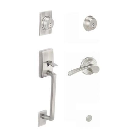 Schlage Double Cylinder Entrance Handleset with Merano Lever from the Century Collection Satin Nickel