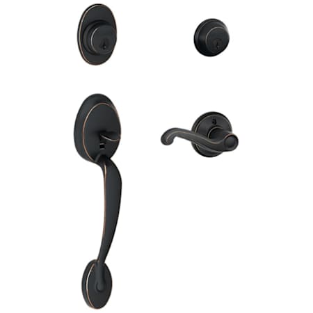 Schlage Right Handed Plymouth Double Cylinder Handleset with Flair Interior Lever from the F-Series Aged Bronze
