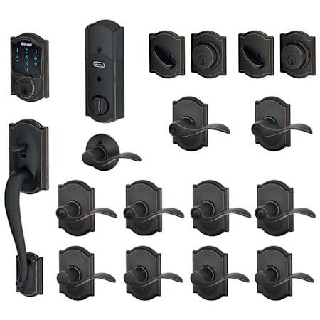 Schlage Camelot Complete House Door Hardware Package with Accent Interior Levers and Connect Touchscreen Keyless Entry Left Handed Exterior Front Door Handleset Aged Bronze