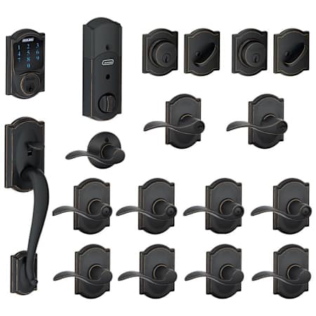 Schlage Camelot Complete House Door Hardware Package with Accent Interior Levers and Connect Touchscreen Keyless Entry Right Handed Exterior Front Door Handleset Aged Bronze