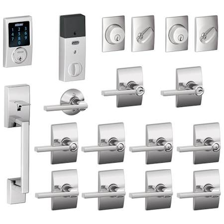 Schlage Century Complete House Door Hardware Package with Latitude Interior Levers and Connect Touchscreen Keyless Entry and Single Cylinder Exterior Front Door Handleset Bright Chrome