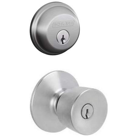 Schlage Bell Single Cylinder Keyed Entry Door Knob Set and Deadbolt Combo Satin Chrome