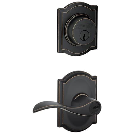Schlage Accent Single Cylinder Keyed Entry Door Lever Set and Camelot Deadbolt Combo with Camelot Rose Aged Bronze