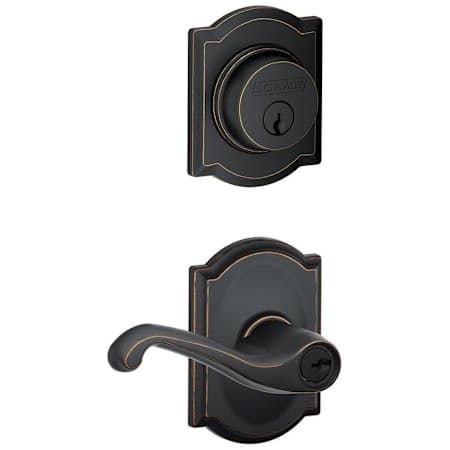Schlage Flair Single Cylinder Keyed Entry Door Lever Set and Camelot Deadbolt Combo with Camelot Rose Aged Bronze