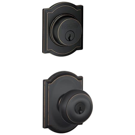 Schlage Georgian Single Cylinder Keyed Entry Door Knob Set and Camelot Deadbolt Combo with Camelot Rose Aged Bronze