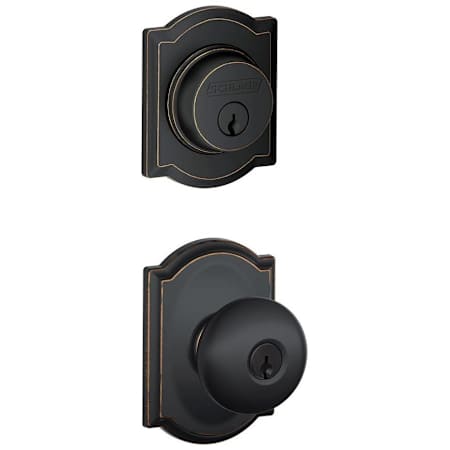 Schlage Plymouth Single Cylinder Keyed Entry Door Knob Set and Camelot Deadbolt Combo with Camelot Rose Aged Bronze