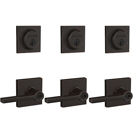 Schlage Latitude Single Cylinder Keyed Entry Lever Set and Collins Deadbolt Combo with Collins Rose - Pack of 3 Aged Bronze