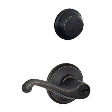 Schlage Flair Keyed Entry Leverset and Deadbolt Combo from the FB-Series Aged Bronze