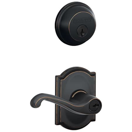 Schlage Flair Single Cylinder Keyed Entry Door Lever Set and Deadbolt Combo with Camelot Rose Aged Bronze