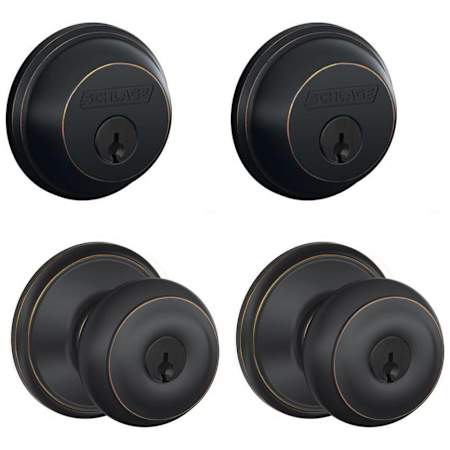 Schlage Georgian Single Cylinder Keyed Entry Door Knob Set and Deadbolt Combo - Pack of 2 Aged Bronze