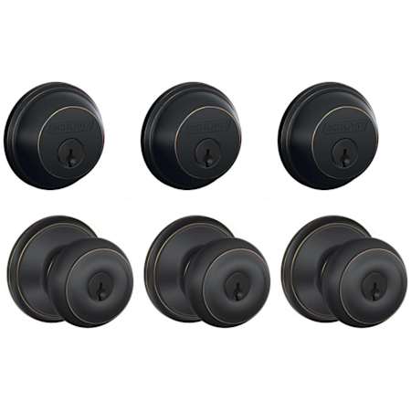Schlage Georgian Single Cylinder Keyed Entry Door Knob Set and Deadbolt Combo - Pack of 3 Aged Bronze
