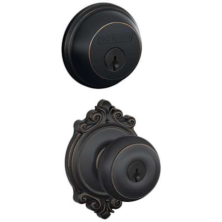 Schlage Georgian Single Cylinder Keyed Entry Door Knob Set and Deadbolt Combo with Brookshire Rose Aged Bronze