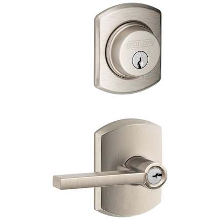 Schlage Latitude Single Cylinder Keyed Entry Door Lever Set and Greenwich Deadbolt Combo with Greenwich Rose Satin Nickel