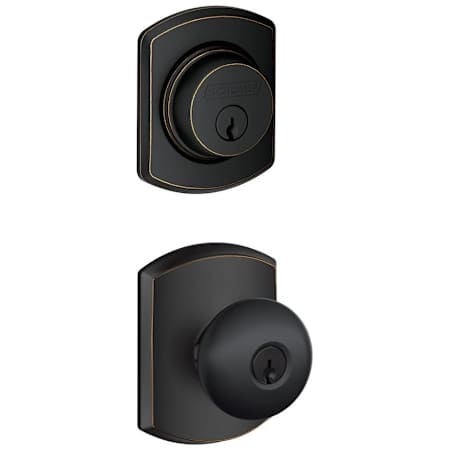 Schlage Plymouth Single Cylinder Keyed Entry Door Knob Set and Greenwich Deadbolt Combo with Greenwich Rose Aged Bronze