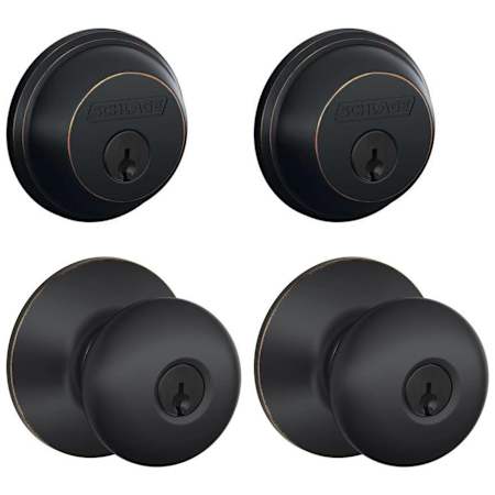 Schlage Plymouth Single Cylinder Keyed Entry Door Knob Set and Deadbolt Combo - Pack of 2 Aged Bronze