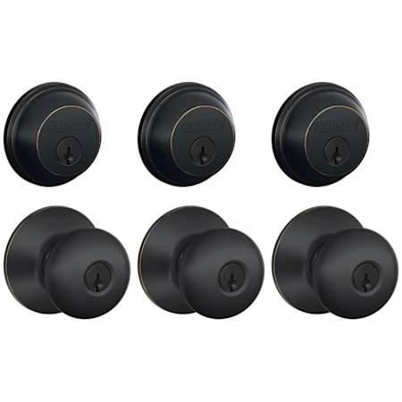Schlage Plymouth Single Cylinder Keyed Entry Door Knob Set and Deadbolt Combo - Pack of 3 Aged Bronze