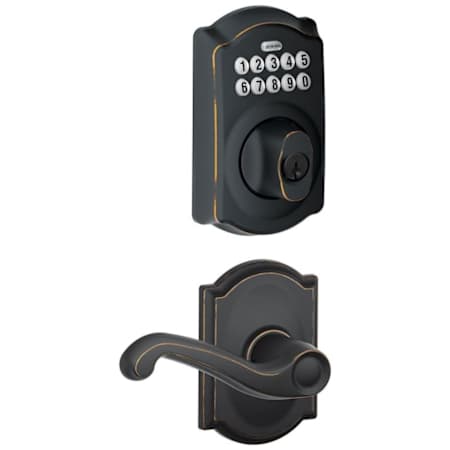 Schlage Camelot Single Cylinder Electronic Keypad Deadbolt with Passage Flair Lever and Decorative Camelot Trim Aged Bronze