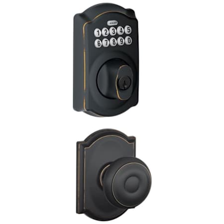 Schlage Camelot Single Cylinder Electronic Keypad Deadbolt with Passage Georgian Knob and Decorative Camelot Trim Aged Bronze