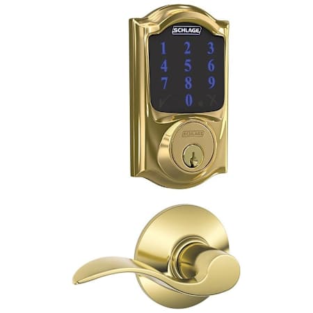 Schlage Connect Camelot Touchscreen Electronic Deadbolt with Z-Wave Plus Technology and Passage Accent Lever Polished Brass