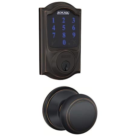 Schlage Connect Camelot Touchscreen Electronic Deadbolt with Z-Wave Plus Technology and Passage Andover Knob Aged Bronze