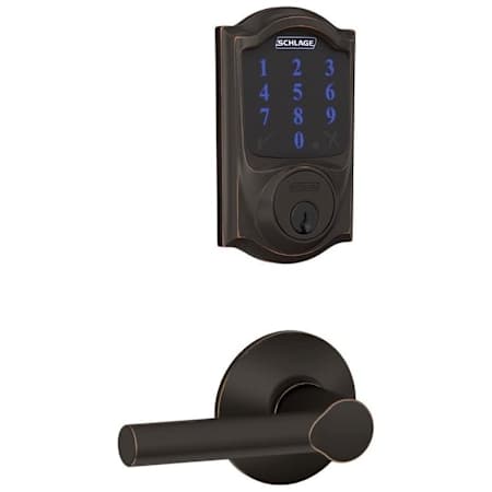 Schlage Connect Camelot Touchscreen Deadbolt with Built-in Alarm and Passage Broadway Lever Aged Bronze