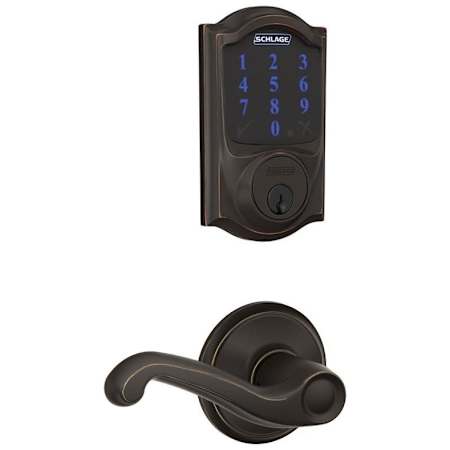 Schlage Connect Camelot Touchscreen Deadbolt with Built-in Alarm and Passage Flair Lever Aged Bronze