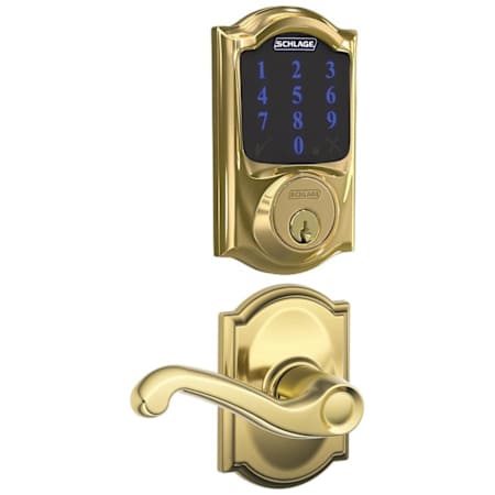 Schlage Connect Camelot Touchscreen Electronic Deadbolt with Z-Wave Plus Technology and Passage Flair Lever and Decorative Camelot Trim Polished Brass