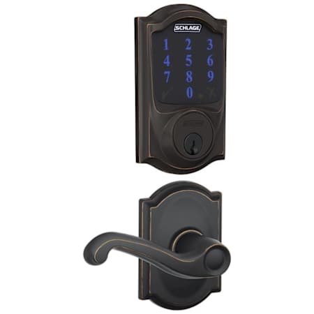 Schlage Connect Camelot Touchscreen Electronic Deadbolt with Z-Wave Plus Technology and Passage Flair Lever and Decorative Camelot Trim Aged Bronze