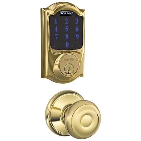 Schlage Connect Camelot Touchscreen Electronic Deadbolt with Z-Wave Plus Technology and Passage Georgian Knob Polished Brass