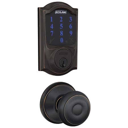 Schlage Connect Camelot Touchscreen Electronic Deadbolt with Z-Wave Plus Technology and Passage Georgian Knob Aged Bronze