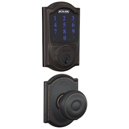 Schlage Connect Camelot Touchscreen Electronic Deadbolt with Z-Wave Plus Technology and Passage Georgian Knob and Decorative Camelot Trim Aged Bronze