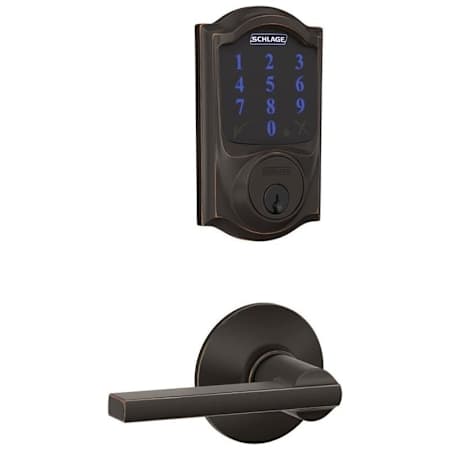 Schlage Connect Camelot Touchscreen Deadbolt with Built-in Alarm and Passage Latitude Lever Aged Bronze